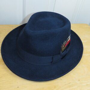 Hats in the Belfry Navy Blue Fedora Hat with Feather 100% Wool Felt Mens XXL